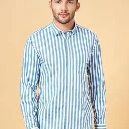 Byford By Pantaloons Sky Blue Cotton Slim Fit Striped Shirt-image-86