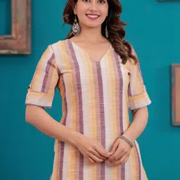 NAVYAAZRI Striped V Neck Pure Cotton Straight Kurta With Trousers image 4