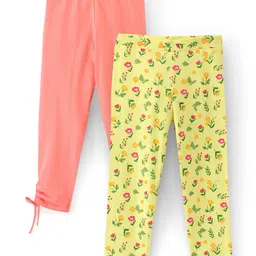 Pine Kids Ankle Length Biowashed Cotton Stretchable Leggings Solid & Floral Print Pack Of 2 - Yellow Peach-picture-23