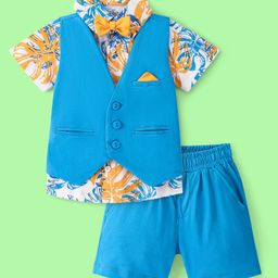 Ollington St. 100% Cotton Knitted Half Sleeves Leaf Printed Shirt & Shorts Set with Waist Coat & Bow - Multicolour-picture-7