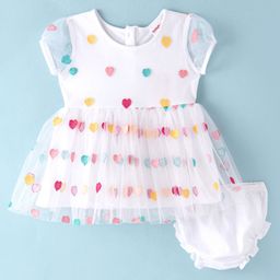 Babyhug Cotton Woven Half Sleeves Frock with Bloomer Heart Embroidery - White-image-130