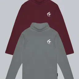Kiddopanti Pack Of 2 Cotton Full Sleeves Brand Logo Printed High Neck Tees - Wine & Grey-picture-36