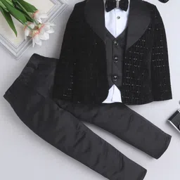Fourfolds Velvet Full Sleeves Sequins Embellished 3 Piece Part Suit Set - Black-picture-28