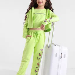 OLLINGTON ST. Cotton Co-Ord Set of Full Sleeves Hooded Jacket & Joggers With Inner Tee with Print - Neon Green-picture-26