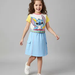 OLLINGTON ST. Disney Single Jersey Half Sleeves T-Shirts & Skirt Set & Belt with Lilo N Stitch Graphics and Belt - Light Blue & White-picture-25