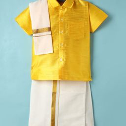 Dapper Dudes Half Sleeves Textured Shirt & Solid Mundu Lungi With Angavastram Set - Yellow-picture-25