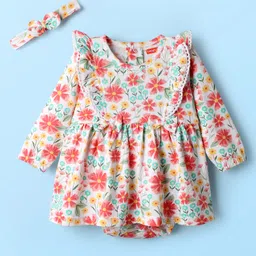 Babyhug 100% Cotton Interlock Knit Onesies With Hairband & Floral Print - Multicolour-picture-30