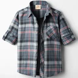 Rikidoos Full Sleeves Checked Shirt With Attached Tee - Grey & Black-image-67