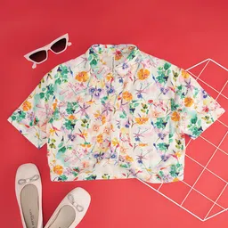 Pantaloons Junior 100% Cotton Woven Half Sleeves Floral Printed Shirt Style Crop Top - Multi Colour-picture-13