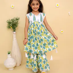 The Mom Store Cotton Knit Sleeveless Floral Printed Gota Lace Embellished Kurti Sharara Set - Multi Colour-picture-41