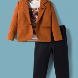 Dapper Dudes Full Sleeves Textured Blazer With Typography Printed Tee & Pant Set - Orange-picture-39