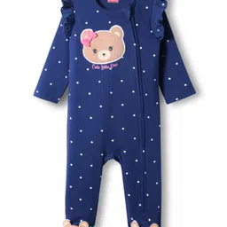 Babyhug Cotton Knit Full Sleeves Footed Sleepsuit With Bear Patch - Navy Blue image 1
