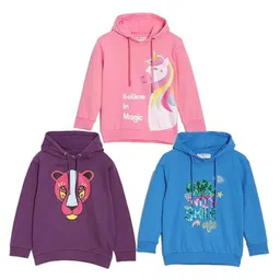 The Mom Store Cotton Blend Knit Pack Of 3 Full Sleeves Animal & Unicorn Printed Light Winter Hooded Sweatshirts - Pink Purple & Blue-picture-14