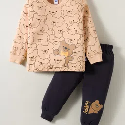 Teddy Interlock Knit Full Sleeves T-Shirt & Joggers Set with Teddy Print - Peach-picture-38