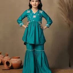 Fashion Dream Chanderi Woven Floral Embroidered Sequins Embellished Kurti & Sharara Set - Turquoise-image-0