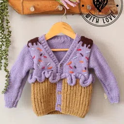 Woonie Hand Knit Full Sleeves Cupcake Designed Cardigan - Lavender-image-68