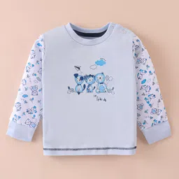Pepito Interlock Knit Full Sleeves Night Suit with Bear Print - Sky Blue image 2