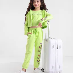 OLLINGTON ST. Cotton Co-Ord Set of Full Sleeves Hooded Jacket & Joggers With Inner Tee with Print - Neon Green image 2