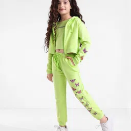 OLLINGTON ST. Cotton Co-Ord Set of Full Sleeves Hooded Jacket & Joggers With Inner Tee with Print - Neon Green image 3