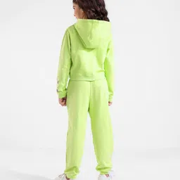 OLLINGTON ST. Cotton Co-Ord Set of Full Sleeves Hooded Jacket & Joggers With Inner Tee with Print - Neon Green image 4