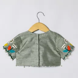 BYB Premium Silk Woven Half Sleeves Floral Hand Embroidered Lehenga Choli Set - Off White image 5