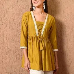 Deckedup Mustard Cotton Silk Relaxed FitTunic Tops image 1