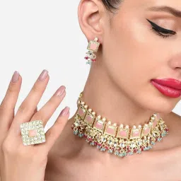 Zaveri Pearls Multicolor Stones Beads Choker Necklace Earring & Ring Set-ZPFK15869 image 1