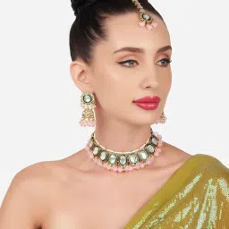 Zaveri Pearls Pink Beaded Green Meenakari Kundan Choker Necklace Earring Maangtikka Set-ZPFK16153 image 1