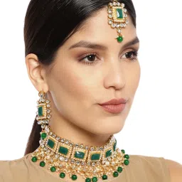 Zaveri Pearls Alluring Green Stones & Beads Choker Necklace Earring & Maangtikka Set-ZPFK9423 image 1