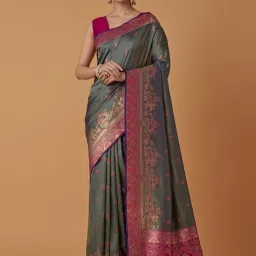 Monjolika Fashion Olive & Green Banarasi Silk Zari Work Saree With Blouse image 1
