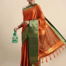APNISHA Orange & Green Woven Saree With Unstitched Blouse image 1