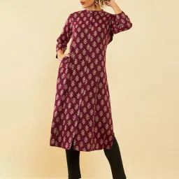 Soch Wine Rayon Foil Printed Mandarin Collar Panelled Kurta image 1