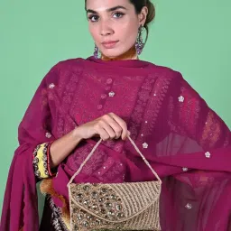 Odette Golden Fabric Embellished Envelope Clutch image 1