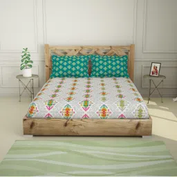 Spaces Atrium Grey & Green Cotton 144 TC Bed Sheets Set image 2