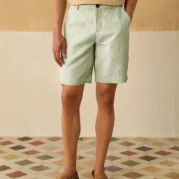 Andamen Green Linen Regular Fit Striped Shorts-picture-14