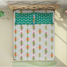 Spaces Atrium Grey & Green Cotton 144 TC Bed Sheets Set image 4