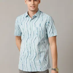 Cavallo By Linen Club Blue Linen Contemporary Fit Printed Shirt-image-87