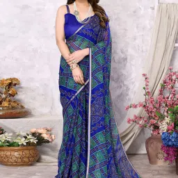 Satrani Royal Blue Printed Saree With Unstitched Blouse image 1