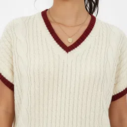 glitchez V-Neck Cable Knit Self Design Pullover with Scarf image 3