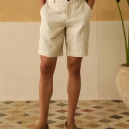 Andamen Beige Linen Regular Fit Striped Shorts-picture-16