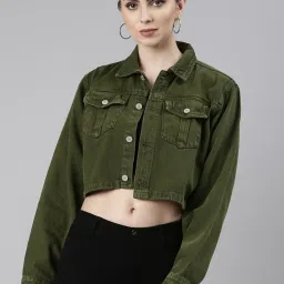 showoffff SHOWOFF Green Relaxed Fit Crop Denim Jacket image 1