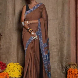 Unnati Silks Brown Pure Cotton Printed Saree With Unstitched Blouse image 1