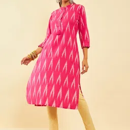 Soch Womens Pink Cotton Ikat Printed Straight Kurta With Sequins image 1