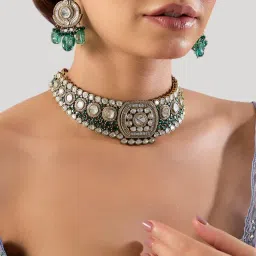 Auraa Trends Gold Finish Kundan Polka and Emerald Stone Jewellery Set-image-24