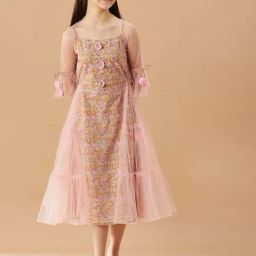 Pspeaches Girls Pink Cotton Regular Fit Floral Print Dress-picture-0