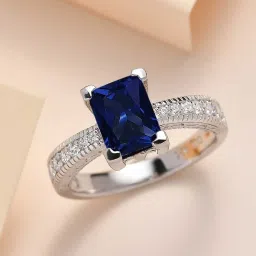 ornate jewels 925 Silver Blue Sapphire and American Diamond Classic Cocktail Ring for Women & Girls image 1