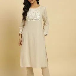 W Beige Cotton Embellished Straight Kurta image 1