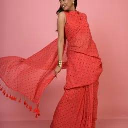 Huts And Looms Rust Cotton Polka Dot Cotton Saree image 5