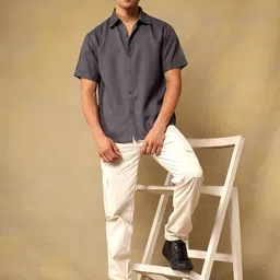 Kotty Men Comfort Fit Solid Spread Collar Linen Casual Shirt-picture-11