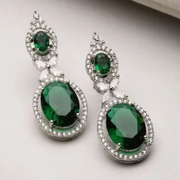 Zeneme Rhodium Plated Silver Green AD Studded Paisley Drop Earrings-picture-39